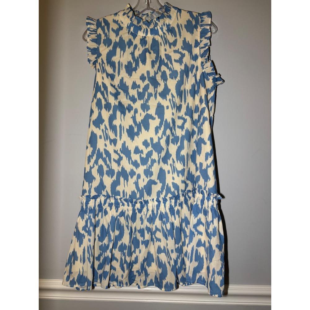 PINCH Dress Womens Large Blue White Abstract Ikat Ruffle Mock‎ Neck Mini